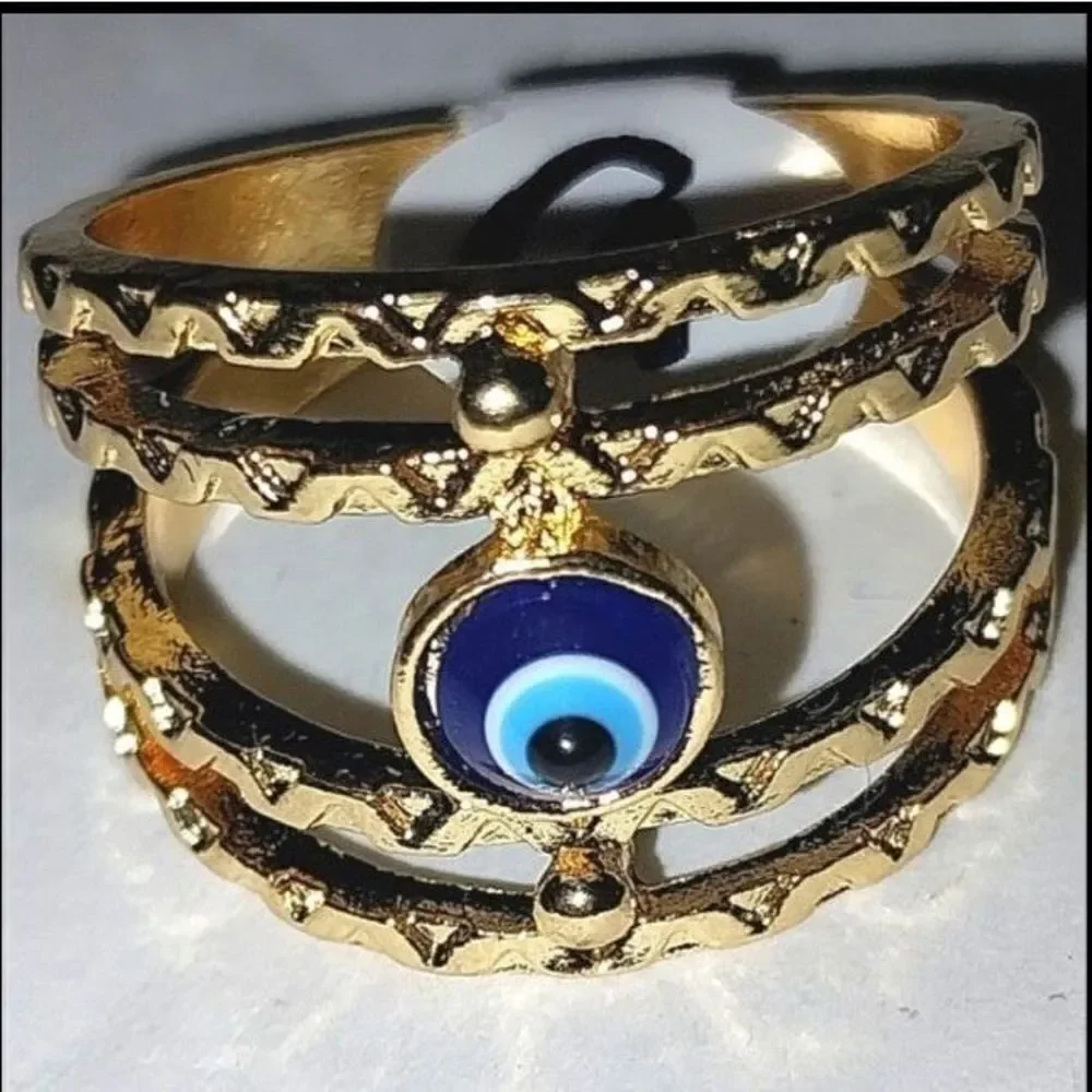 Bohemian Stylish Personality Blue Evil Eyes Golden Ring sz 9